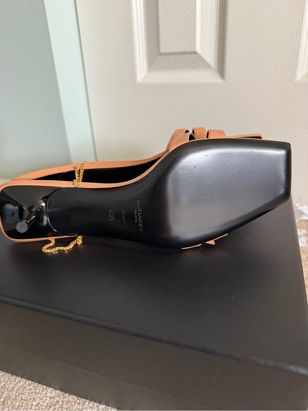 Saint Laurent Baliqua Tan Leather Chain-Ankle Strappy Heels - Picture 3 of 5